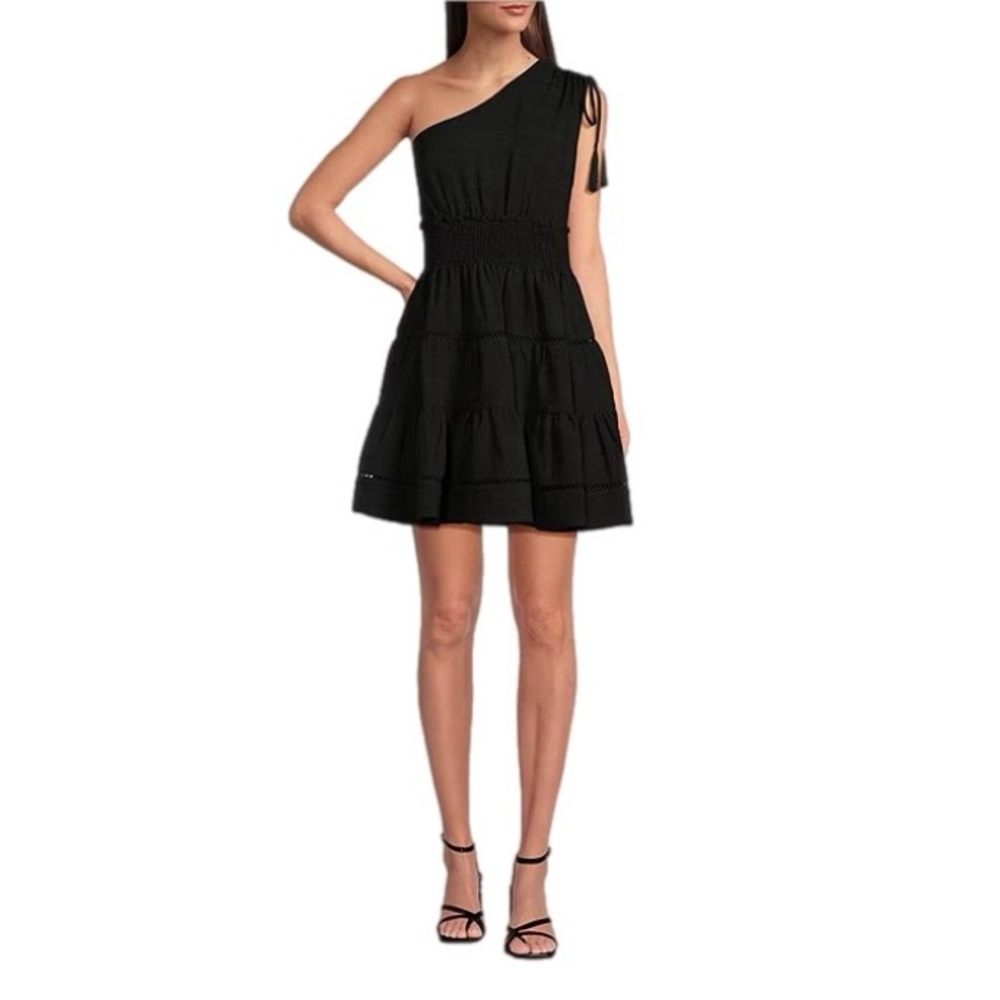Taylor Stripe Seersucker One Shoulder Tie Smocked Tiered Mini Dress Black Size M